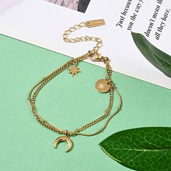 Настоящее золото 18K 304 многожильные браслеты-цепочки из нержавеющей стали., браслеты из бумажных цепочек в виде змеи и карты для женщин, Луна и звезды, реальный 18 k позолоченный, 6-3/4 дюйм (17 см)