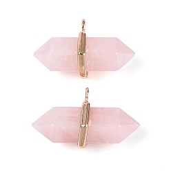 Розовый Кварц Двойные заостренные подвески из натурального розового кварца, граненые подвески в форме пули с фурнитурой из сплава, золотые, 20~21x34.5~36x17~18 мм, отверстие : 3 мм