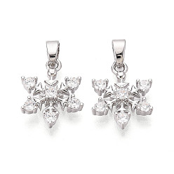 Платина Латунные микропаве прозрачные кубические циркониевые подвески, прелести снежинки, платина, 15x11.5x3 мм, отверстие : 4.5x2.5 мм