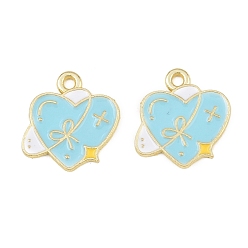 Bleu Ciel Pendentifs en émail , charmes de coeur, or, bleu ciel, 16.5x15x1mm, Trou: 1.6mm