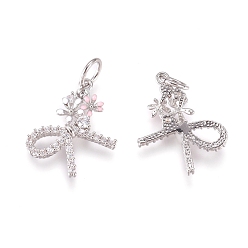 Platinum Brass Charms, with Micro Pave Cubic Zirconia, Enamel and Jump Rings, Bowknot, Clear, Platinum, 11.5x15x3mm, Hole: 3.4mm