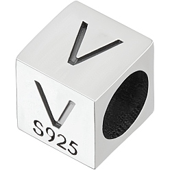 Letter V Sterling Silver Beads, Cube, European Bead, Letter V, 6x6x6mm, Hole: 4.5mm