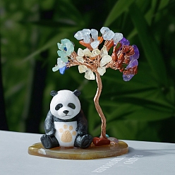 Смешанные камни Украшения драгоценных камней дисплей, дерево пахира крупноплодная со смоляной пандой случайного стиля, для домашнего офисного стола, 90~100x60~80 мм