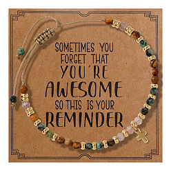 Смешанные камни Браслеты с подвесками в виде креста из латуни, Регулируемые браслеты из натуральных круглых бусин с драгоценными камнями для мужчин, золотые, с открытки, 11.02 дюйм (28 см)