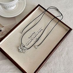 Платина Подвеска в виде цветка из сплава и смолы, регулируемая длинная цепочка на черном вощеном шнурке для женщин., платина, 37.40 дюйм (95 см)