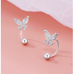 Прозрачный Латунные серьги-гвоздики с кубическим цирконием, бабочка, платина, прозрачные, 16.3x8.6 мм