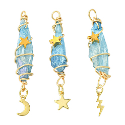 Светло-Голубой 3 шт 3 стили гальванизированный натуральный кварцевый кристалл большие подвески, подвески-слезинки из медной проволоки с драгоценными камнями 304 из нержавеющей стали с луной, звездами и молниями, золотые, Небесно-голубой, 54.5 мм, отверстие : 2.9 мм, 1 шт / стиль