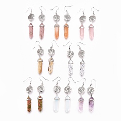 Mixed Stone Pointed Bullet Natural & Synthetic Mixed Gemstone Dangle Earrings, with Brass Earring Hooks and Flat Round with Flower of Life Links, Platinum, 77mm, Pin: 0.7mm
