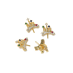 Golden Brass Micro Pave Colorful Cubic Zirconia Crown Head Pins, for Baroque Pearl Making, Golden, 13x12mm