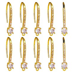 Настоящее золото 18K 20 латунные крючки для серег из прозрачного кубического циркония с микропаве, провод уха, с петлями, реальный 18 k позолоченный, 23.8x8.5x4 мм, отверстие : 1 мм, штифты : 0.9 мм