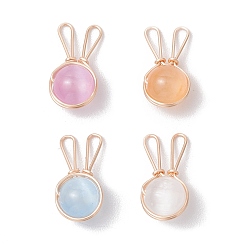 (52) Непрозрачная лаванда Латунные подвески в виде кролика, с натуральными бусинами селенита и экологически чистой медной проволокой, разноцветные, 19x10x8.5 мм, отверстие : 6x2 мм