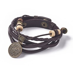 Sagittaire 12 bracelets de constellation, cordon en cuir avec les accessoires en laiton, plat rond, Sagittaire, 8-5/8 pouce (22 cm)