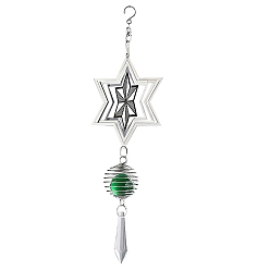 Green Stainless Steel 3D Star of David Rotating Wind Spinners, Glass Cone Charms for Outdoor Garden Hanging Decoration, Green, 270x85x55mm