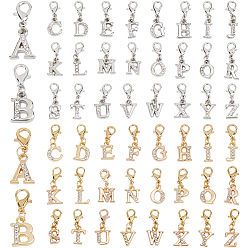 Platinum & Golden 52Pcs 2 Colors Alloy Rhinestone Pendant Decorations, with Lobster Claw Clasps, Letter A~Z, Platinum & Golden, 25mm, 26pcs/color