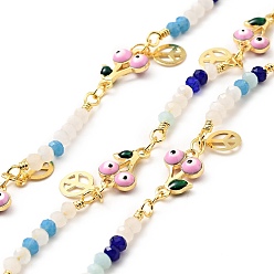 Pearl Pink Enamel Cherry with Evil Eye Link Chains, with Real 18K Gold Plated Brass Peace Sign Charms and Glass Round Beaded, Lead Free & Cadmium Free, Soldered, with Spool, Pearl Pink, 11.5x7.5x3mm, 25x3.5