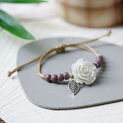 Белый Керамические круглые бусины плетеные бусины браслеты, регулируемые браслеты из нейлонового шнура для женщин, с акриловым цветок, белые, 4~9-7/8 дюйм (10~25 см)