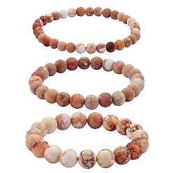 Olive 3Pcs 3 Size Natural Imperial Jasper Round Beaded Stretch Bracelets Set, Gemstone Jewelry for Women, Olive, Inner Diameter: 2-1/8 inch(5.5cm), Beads: 6~10mm, 1Pc/size