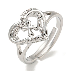 Letter X Регулируемые кольца из латуни с микро-паве в форме сердца и стойки для писем для женщин с прозрачным фианитом, без свинца и без кадмия, платина, Письмо X, внутренний диаметр: 16 мм