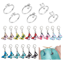 Платина Наборы инструментов для вязания своими руками, включая эмалированный кулон-бабочку из сплава с маркером фиксирующего стежка, Кольца-манжеты из сплава в форме кошки, платина, 3.35 см