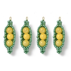 Золотистый Подвески из стеклянных бусин в форме гороха, с бусинами из натурального желтого нефрита и 304 соединительными кольцами из нержавеющей стали, реальный 18 k позолоченный, золотые, 34x11.5x8.5~9 мм, отверстие : 2.5 мм