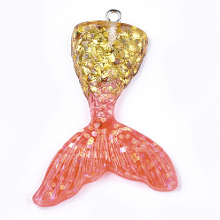 Лосось Подвески из смолы, с порошком блеска и железом, форма хвоста русалки, платина, salmon, 46x30x6 мм, отверстие : 2 мм