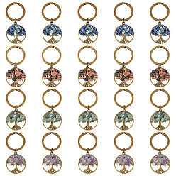 Смешанные камни Сплав брелок, с драгоценными камнями чип бисера, плоские круглые с дерева жизни, 5.5 см, 20 шт / коробка