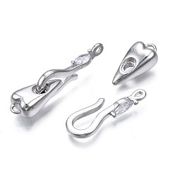 Платина Латунные застежки-крючки из прозрачного кубического циркония с микропаве, без никеля , сердце, платина, 30 мм длиной, застежки: 22x7x3 мм, отверстие : 1.2 мм, Сердце: 15x7x5 mm, отверстие : 1.4~1.5 мм