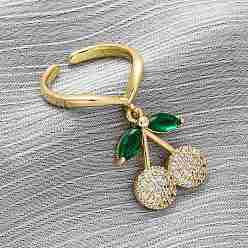 Настоящее золото 18K Открытые манжеты из латуни с микропаве и цирконием для женщин, вишня, стойки покрытие, прочное покрытие, без кадмия и без свинца, реальный 18 k позолоченный, вишневый: 20.5x17 мм, размер США 7 1/4 (17.5 мм)