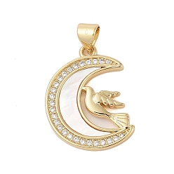 Птица Латунные микропаве прозрачные подвески с фианитом, с оболочкой, без кадмия и без свинца, луна, реальный 18 k позолоченный, птица, 22.5x17x2.5 мм, отверстие : 4x3.5 мм