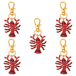 Red Crayfish Glass Seed Beads Pendant Decorations, with Alloy Swivel Lobster Claw Clasps, Red, 67~69mm, 5pcs/set