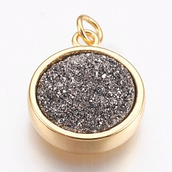 Gray Brass Charms, with Druzy Resin Cabochon, Flat Round, Golden, Gray, 14x11.5x3mm, Hole: 2mm