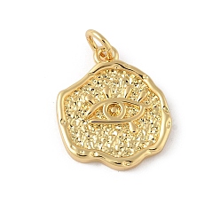 Настоящее золото 18K Латунные подвески, плоские круглые амулеты с рисунком сглаза, с целью перехода в кольце, долговечный, стойки покрытие, без свинца и без кадмия, реальный 18 k позолоченный, 18.5x15.5x2 мм, отверстие : 3.5 мм