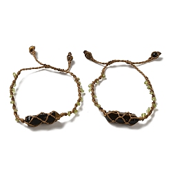 Tiger Eye Natural Tiger Eye Bullet Braided Bead Bracelets, Nylon Macrame Pouch Adjustable Bracelets with Peridot Chips for Women Men, Inner Diameter: 2~3-3/8 inch(5.1~8.55cm), Bullet: 35x11mm
