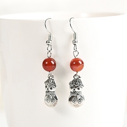 Красный Агат Природные сердолик болтаться серьги, Рождественские украшения в виде снеговика из сплава для женщин, 50x8 мм