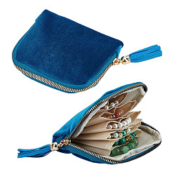 Blue Rectangle Velvet Jewelry Zipper Storage Bags, with Tassel Pendant, for Jewelry, Watch, Blue, 116x135x22.5mm