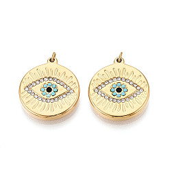 Настоящее золото 18K 304 подвески из нержавеющей стали со стразами, плоский круглый и сглаз, с целью перехода в кольце, ионное покрытие (ip), реальный 18 k позолоченный, 20.5x18x3 мм, отверстие : 2.8 мм