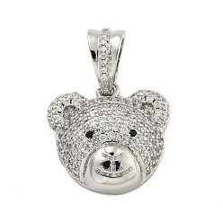 Платина Латунные микропаве прозрачные подвески с фианитом, без кадмия, без никеля и без свинца, медведь, платина, 28.5x19.5x6 мм, отверстие : 7x4 мм