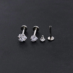 Сердце 304 лабреты из нержавеющей стали без резьбы, с четким кубического циркония, цвет нержавеющей стали, сердце, 5x5 мм, полюс: 8 мм