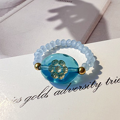 Cielo Azul Oscuro Anillos de metal dorado entrelazados hechos a mano con la técnica del soplado de vidrio y 201 anillos de acero inoxidable con cuentas, anillos elásticos para mujer, ovalada con flores, dorado, cielo azul profundo, 17 mm