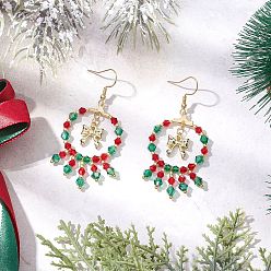 Светло-зеленый Серьги-подвески из стеклянных бусин ручной работы на рождественскую тематику, с подвеской-бантом из сплава и 304 крючками для сережек из нержавеющей стали, золотые, светло-зеленый, 63x29 мм