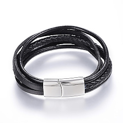 Black Leather Cord Multi-strand Bracelets, with 304 Stainless Steel Magnetic Clasps, Black, 8-1/4 inch(215mm)x11x6.5mm