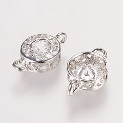 Platinum Brass Glass Rhinestone Links connectors, Flat Round, Crystal, Platinum, 12x7.5x3mm, Hole: 1mm