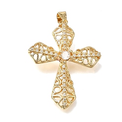 Chapado en Oro Real 18K Latón micro pavimenta claro colgantes de circonio cúbico, dijes de cruz de filigrana, sin plomo y el cadmio, larga duración plateado, chapado en rack, real 18 k chapado en oro, 34.5x27x4 mm, agujero: 4x3 mm