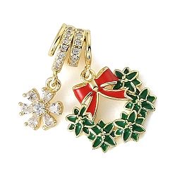 Christmas Wreath Рождественские латунные подвески с микропаве из кубического циркония и эмали, золотые, красочный, Рождественский венок, 26 мм, отверстие : 4.5 мм