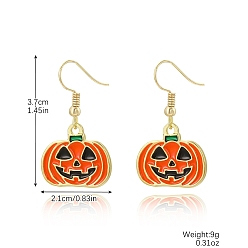 Orange Halloween Theme Alloy and Enamel Dangle Earrings, Pumpkin, Golden, Orange, 37x21mm