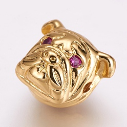Golden Brass Micro Pave Cubic Zirconia Puppy Beads, Bulldog Head, Golden, 12x13x10.5mm, Hole: 2mm