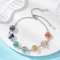 Платина Браслеты из латунных колец с чакрами и бусин из смеси натуральных и синтетических драгоценных камней., Браслеты-цепочки из латуни с застежкой-слайдером для женщин, платина, 10.79 дюйм (27.4 см)