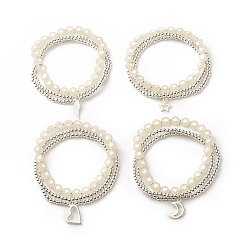 White 2Pcs 2 Style Alloy Charm Multi-strand Bracelets Set, Heart Pattern Acrylic Beaded Stretch Bracelets with Synthetic Hematite for Women, White, Inner Diameter: 2-1/8~2-3/8 inch(5.5~5.9cm), 1Pc/style