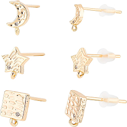 Real 18K Gold Plated 18Pcs 3 Style Brass Cubic Zirconia Stud Earring Findings with Loop, with 40Pcs Plastic Ear Nuts, Moon & Star & Square, Real 18K Gold Plated, 7~8.5x5~6.5mm, hole: 0.5~0.7mm, Pin: 0.7mm, 6pcs/style