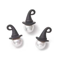 Черный Тема Хэллоуина круглая ракушка жемчуг с подвесками в виде ведьминой шляпы из сплава, белые, чёрные, 19x11 мм, отверстие : 1.5 мм